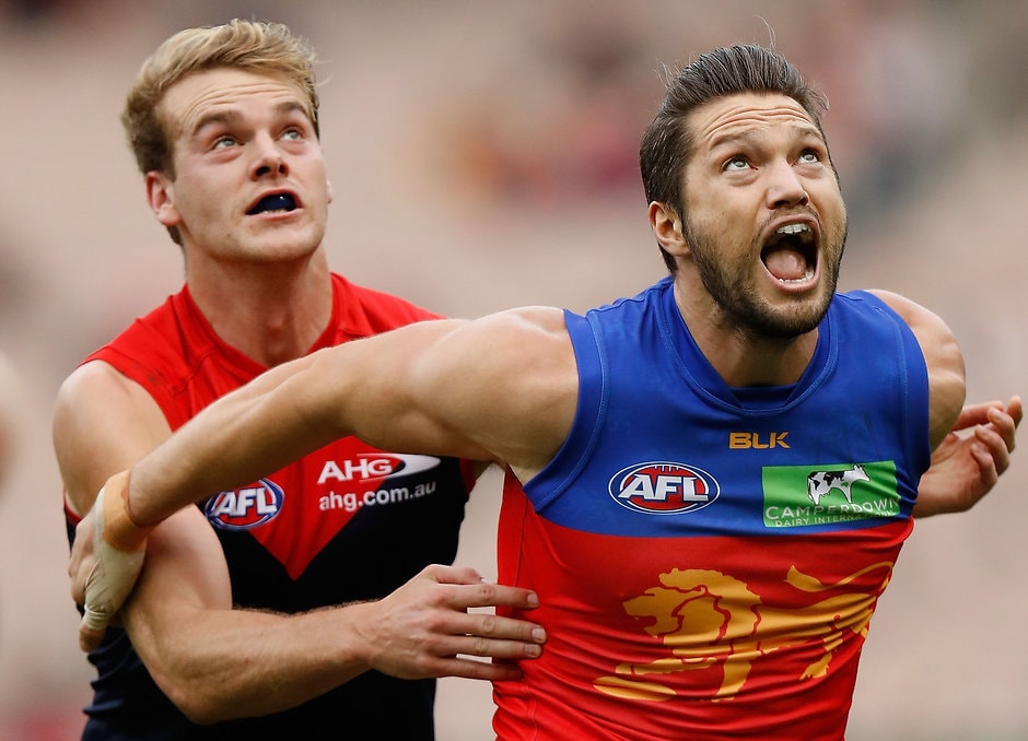 AFL 2016 Rd 09 - Melbourne v Brisbane MELBOURNE, AUSTRALIA - MAY 22: Jack Watts of the Demons and Stefan Martin of the Lions compete in a ruck contest during the 2016 AFL Round 09 match between the Melbourne Demons and the Brisbane Lions at the Melbourne Cricket Ground on May 22, 2016 in Melbourne, Australia. (Photo by Michael Willson/AFL Media)